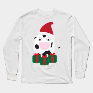 Cute Cartoon Cow with Santa Hat and Green Red Gifts Long Sleeve T-Shirt